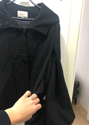 Kapüşonlu Siyah Kadın Kaşe Panço Kaban - Görsel 4