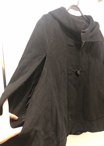 Kapüşonlu Siyah Kadın Kaşe Panço Kaban - Görsel 2