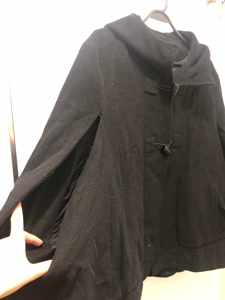 Kapüşonlu Siyah Kadın Kaşe Panço Kaban - Görsel 2