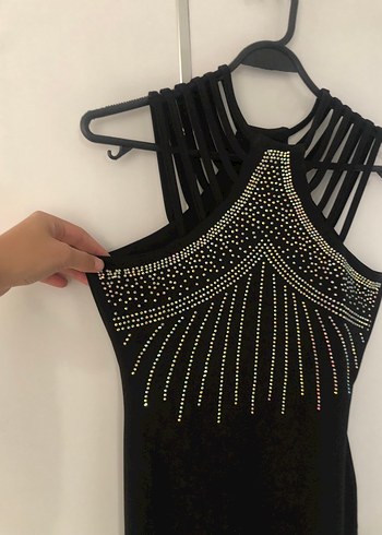 Boncuk İşlemeli Siyah Uzun Abiye Elbise - Görsel 4