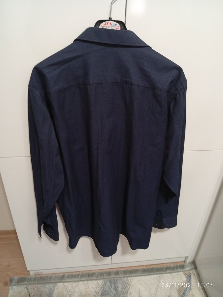 Lacivert Erkek Keten Uzun Kollu Gömlek - Görsel 5