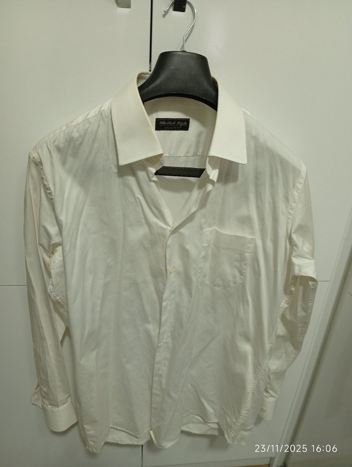 Erkek Beyaz Keten Gömlek, Uzun Kollu, Düğmeli - Görsel 2