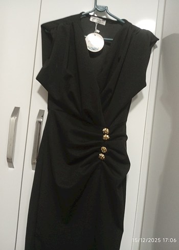 Siyah Drapeli V Yakalı Uzun Abiye Elbise - Görsel 4