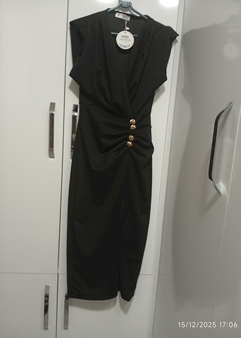 Siyah Drapeli V Yakalı Uzun Abiye Elbise - Görsel 6