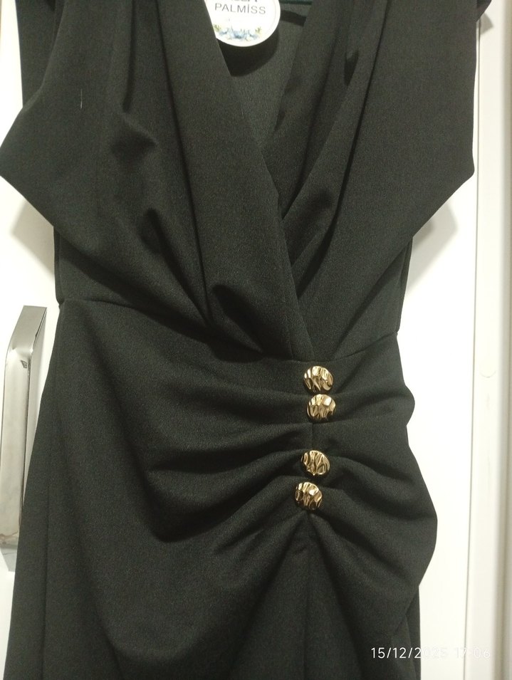 Siyah Drapeli V Yakalı Uzun Abiye Elbise - Görsel 3