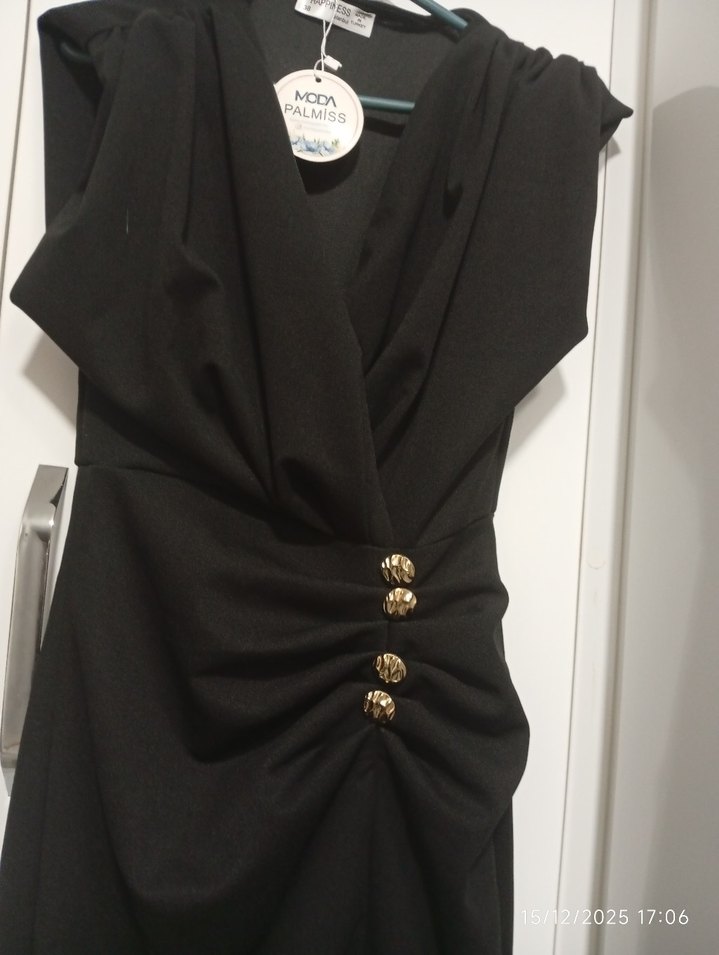 Siyah Drapeli V Yakalı Uzun Abiye Elbise - Görsel 5