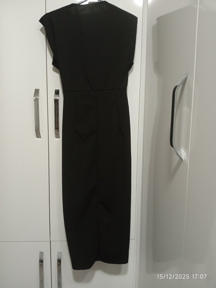 Siyah Drapeli V Yakalı Uzun Abiye Elbise - Görsel 2