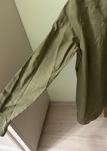 38 Beden haki Renk Düğmeli, Uzun Kollu Khaki Keten Gömlek