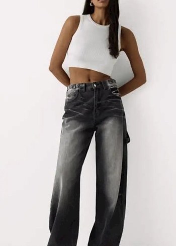 Gri Batik Desenli Salaş wide leg ballon jean Bershka - Görsel 2