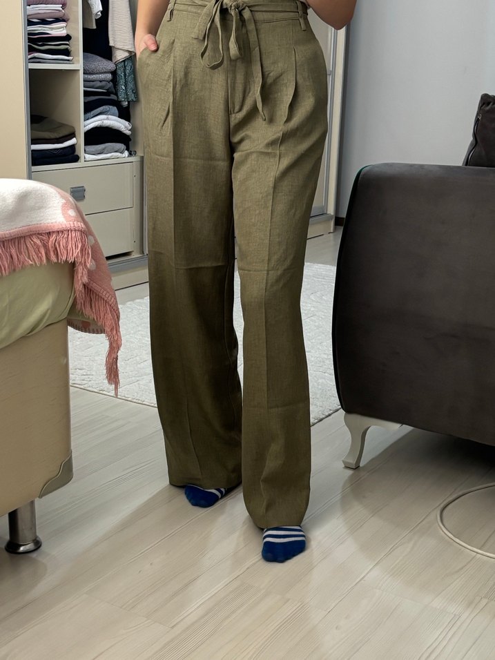 Kemerli haki Kumaş Kadın Pantolon - Görsel 3