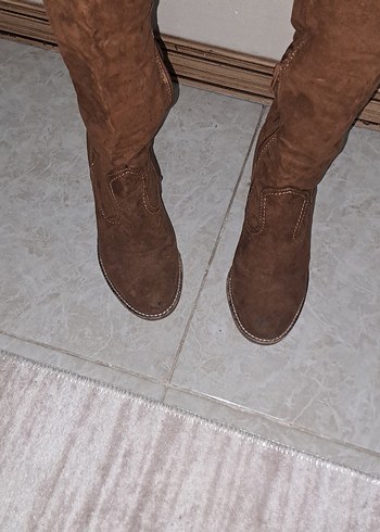 Kahverengi Süet Topuklu Dizüstü Kadın Çizme - Görsel 5