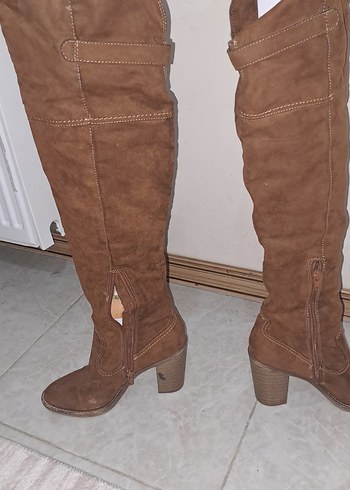 Kahverengi Süet Topuklu Dizüstü Kadın Çizme - Görsel 4