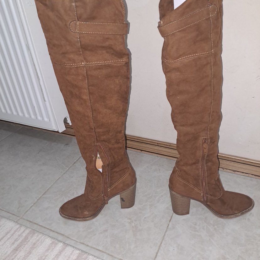 Kahverengi Süet Topuklu Dizüstü Kadın Çizme - Görsel 4