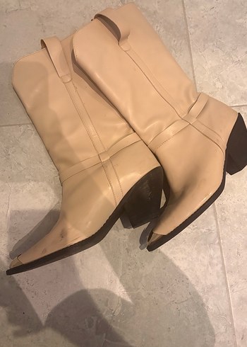 Bej Deri Kadın Dizüstü Stiletto Bot - Görsel 5