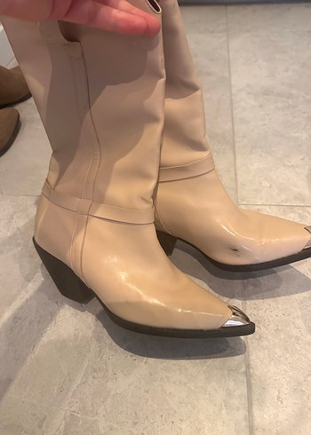 Bej Deri Kadın Dizüstü Stiletto Bot - Görsel 2