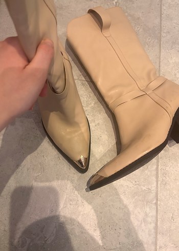 Bej Deri Kadın Dizüstü Stiletto Bot - Görsel 6