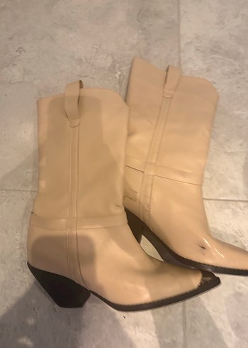 Bej Deri Kadın Dizüstü Stiletto Bot - Görsel 4