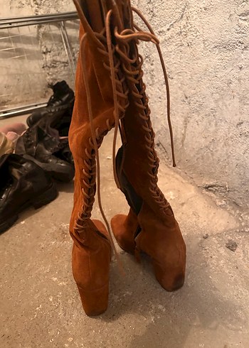 Kahverengi Süet Diz Üstü Stiletto Çizme - Görsel 2