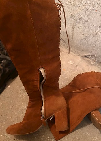 Kahverengi Süet Diz Üstü Stiletto Çizme - Görsel 3