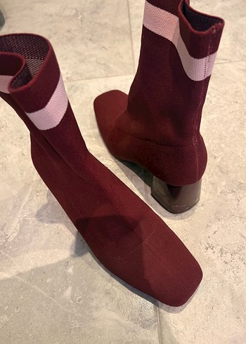 Bordo Süet Elastik Topuklu Kadın Bot - Görsel 3
