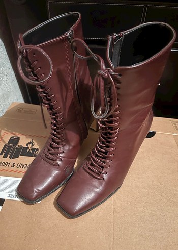 Kahverengi Deri Stiletto Topuklu Kadın Bot - Görsel 3