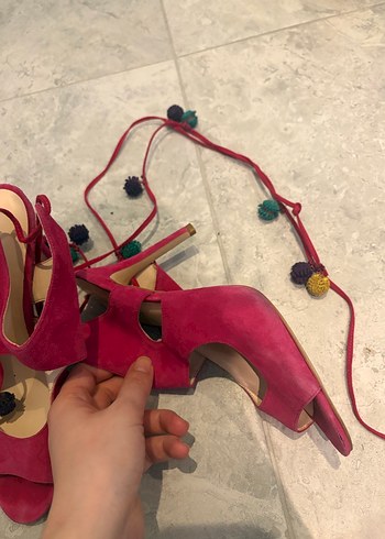 Püsküllü Pembe Süet Yüksek Topuklu Kadın Ayakkabı - Görsel 5