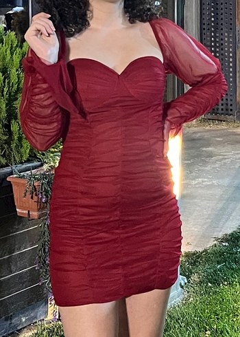 Bordo Drapeli Straplez Midi Elbise
