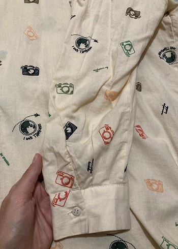 Bej Düğmeli Uzun Kollu Baskılı Kadın Gömlek - Görsel 3