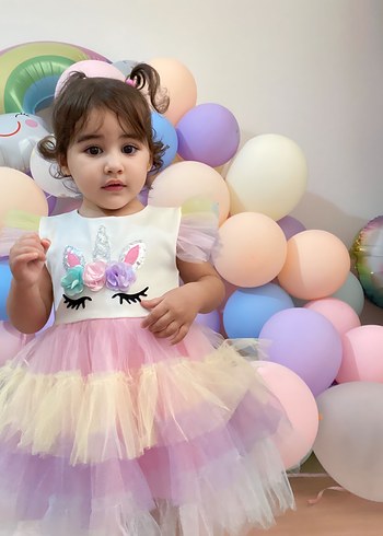 24-36 Ay Beden Çok Renkli Tül Katmanlı Kız Elbisesi unicorn