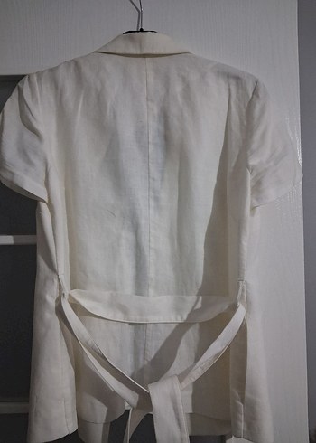 Kısa Kollu Beyaz Keten Kadın Ceket hiç giyilmedi. - Görsel 2
