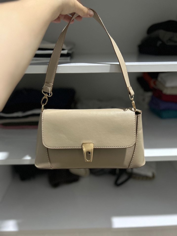 Bej Deri Kadın Omuz Çantası - Görsel 4