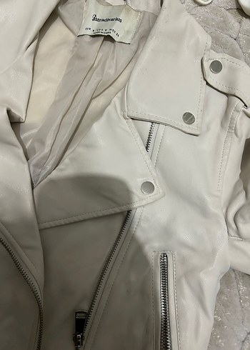 Beyaz Deri Fermuarlı Kadın Ceket - Görsel 3