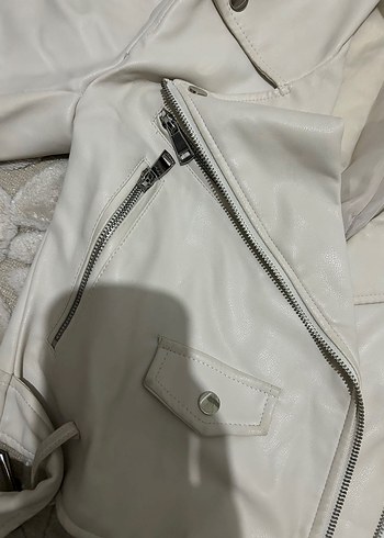 Beyaz Deri Fermuarlı Kadın Ceket - Görsel 5