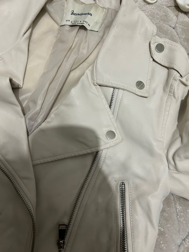 Beyaz Deri Fermuarlı Kadın Ceket - Görsel 3