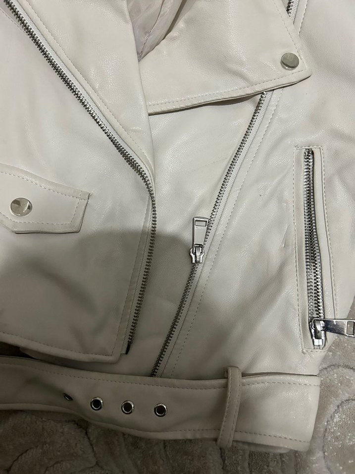 Beyaz Deri Fermuarlı Kadın Ceket - Görsel 2