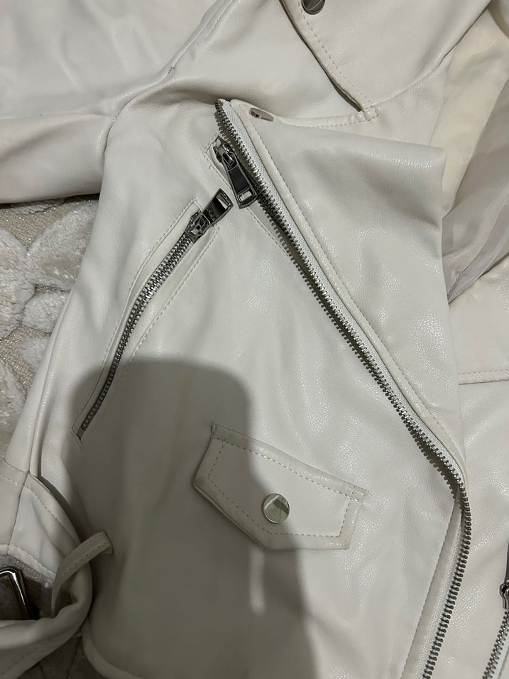 Beyaz Deri Fermuarlı Kadın Ceket - Görsel 5