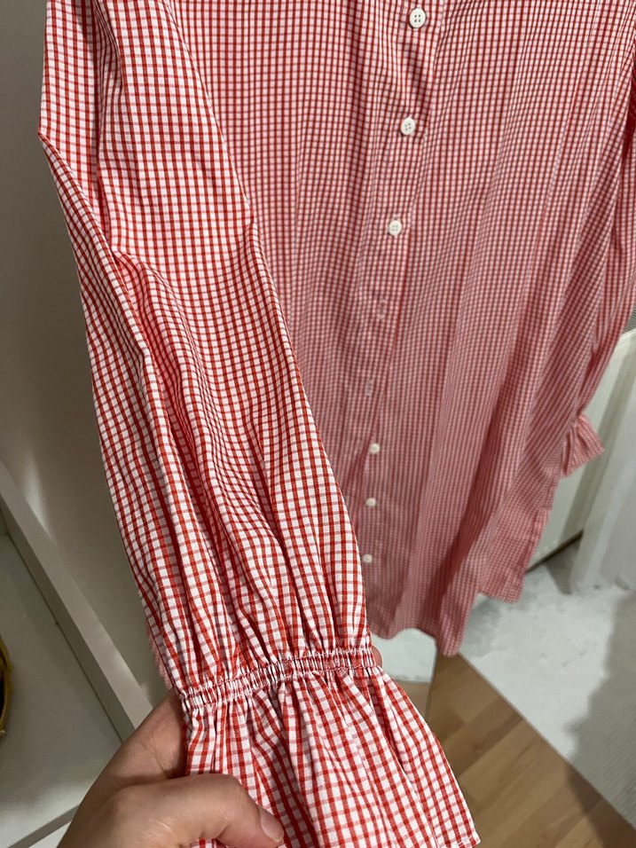 Uzun Kollu, Kareli Kırmızı Kadın Gömlek - Görsel 2