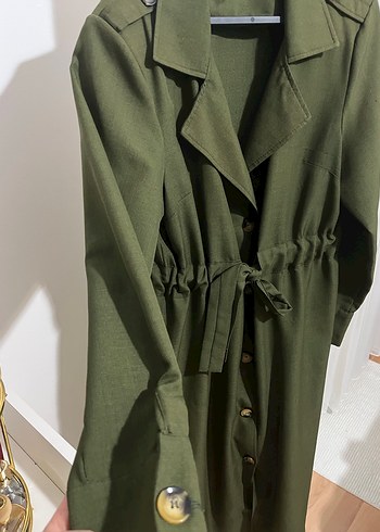 Kadın Haki Uzun Keten Trençkot - Görsel 2