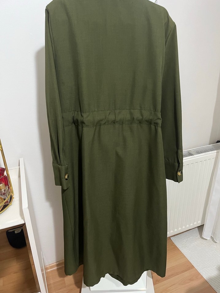 Kadın Haki Uzun Keten Trençkot - Görsel 3