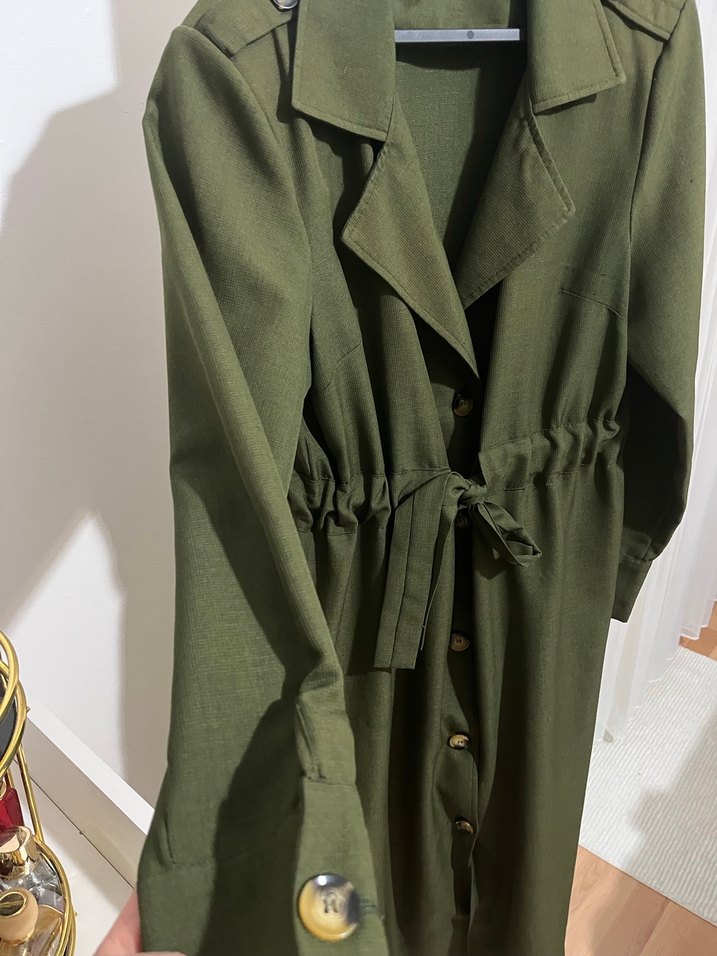 Kadın Haki Uzun Keten Trençkot - Görsel 2