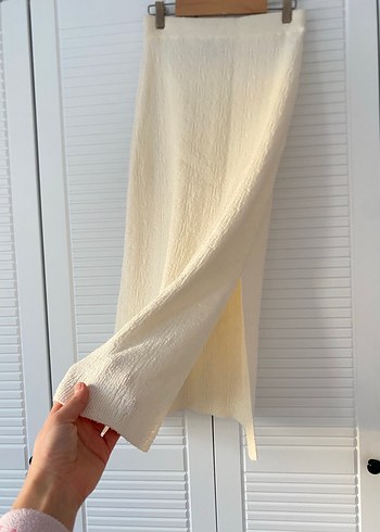 Bej Örgü Midi Keten Uzun Etek - Görsel 3