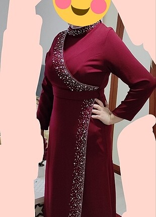 Tesettür uzun bordo abiye elbise 