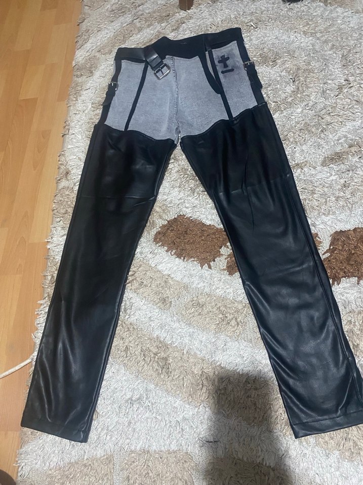 Gri Deri Kemerli Kadın Gotik Pantolon - Görsel 3