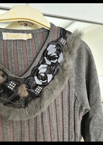 Selis marka Gri Kürklü Nakışlı Triko Kazak - Görsel 3