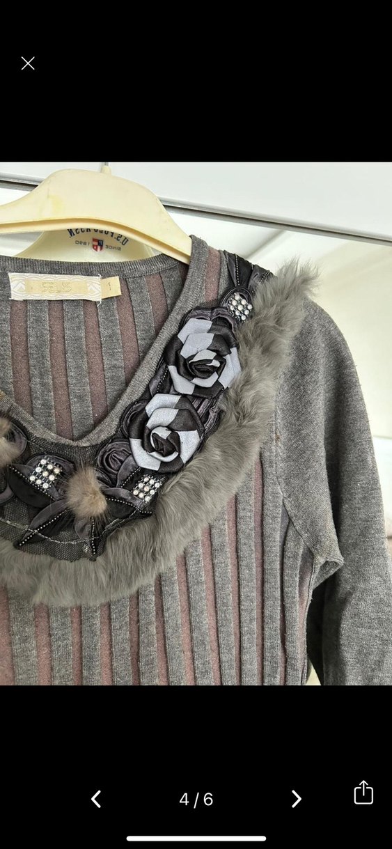 Selis marka Gri Kürklü Nakışlı Triko Kazak - Görsel 3