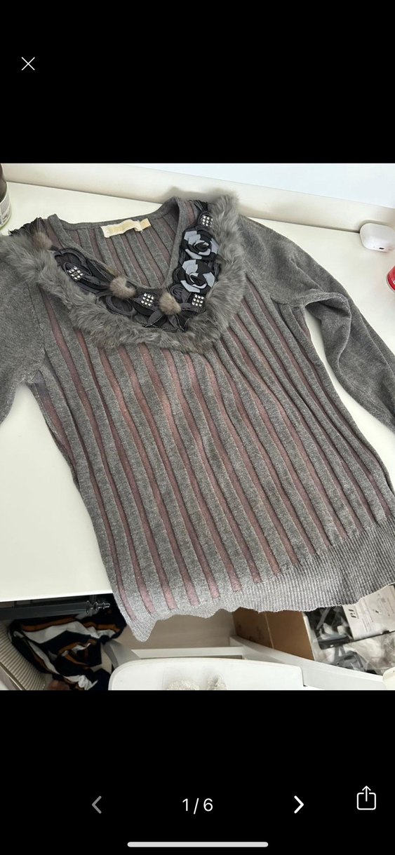 Selis marka Gri Kürklü Nakışlı Triko Kazak - Görsel 2