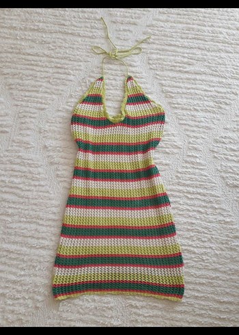 Çizgili Örgü Halter Boyun kısa Elbise - Görsel 2