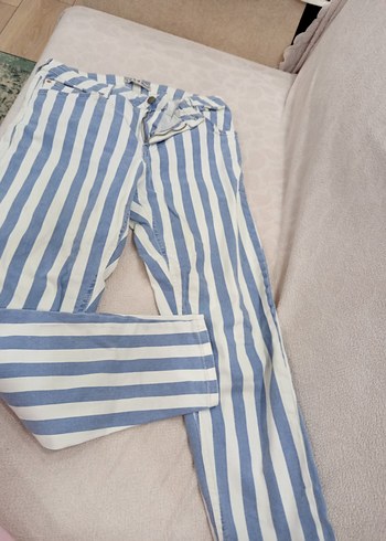 Mavi Çizgili Yüksek Bel Denim Pantolon - Görsel 2