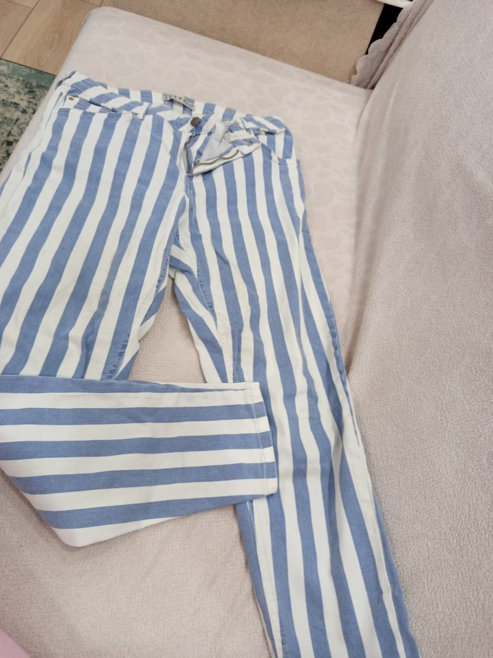 Mavi Çizgili Yüksek Bel Denim Pantolon - Görsel 2