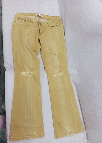 Kadın Bej Denim Yırtık Detaylı Pantolon - Görsel 2